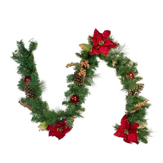 Red Balls & Poinsettias Gold Pine Cones with Berries Pine Garland, Unlit